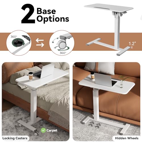 Image of Mobile Standing Desk, Height Adjustable Left /Right Overbed Bedside Table, 90 Tiltable Portable Laptop Desk with Wheels, Foldable Computer Cart for Hospital Home Use, White