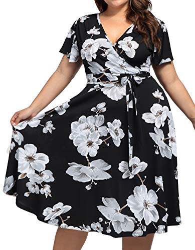 kissmay Plus Size Womens V Neck Floral Cocktail Party Midi Dresses with Pocket