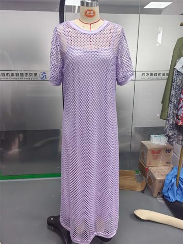 Qikaka Women's 2 PCS O Neck Short Sleeve Fishnet Bodycon Sexy Nightclub Party Plus Size Dress Set2