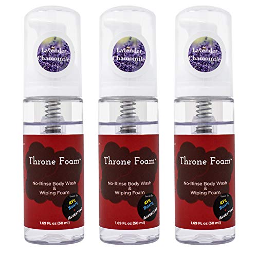 Throne Foam Waterless Cleansing Foam: No Rinse Body Wash & Wiping Foam - Foaming Shower in a Bottle for Camping, RVs, Boats - Wet Wipes Bathing Alternative - Lavender Chamomile, 1.69 Fl Oz, 3 Pack