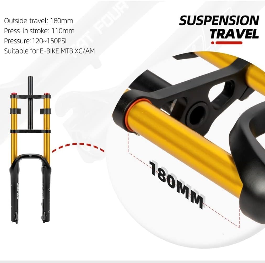 Fat Bike Fork 20*4.0'' Tire Electric Snow Bike Air Suspension Fork 110mm Travel Rebound Adjustable Double Shoulder Bicycle Front Fork 1-1/8" Straight Disc Brake QR Axle 9*135mm ( Color : 20'' Black )