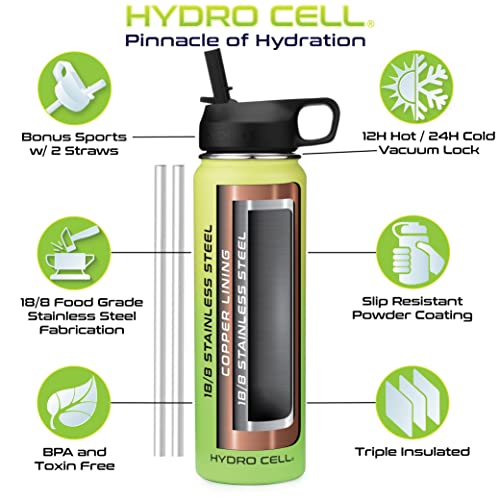 Hydro Cell Stainless Steel Insulated Water Bottle With Straw - For Cold & Hot Drinks - Metal Vacuum Flask With Screw Cap And Modern Leakproof Sport Thermos For Kids & Adults (Neon 24Oz) #TOP2