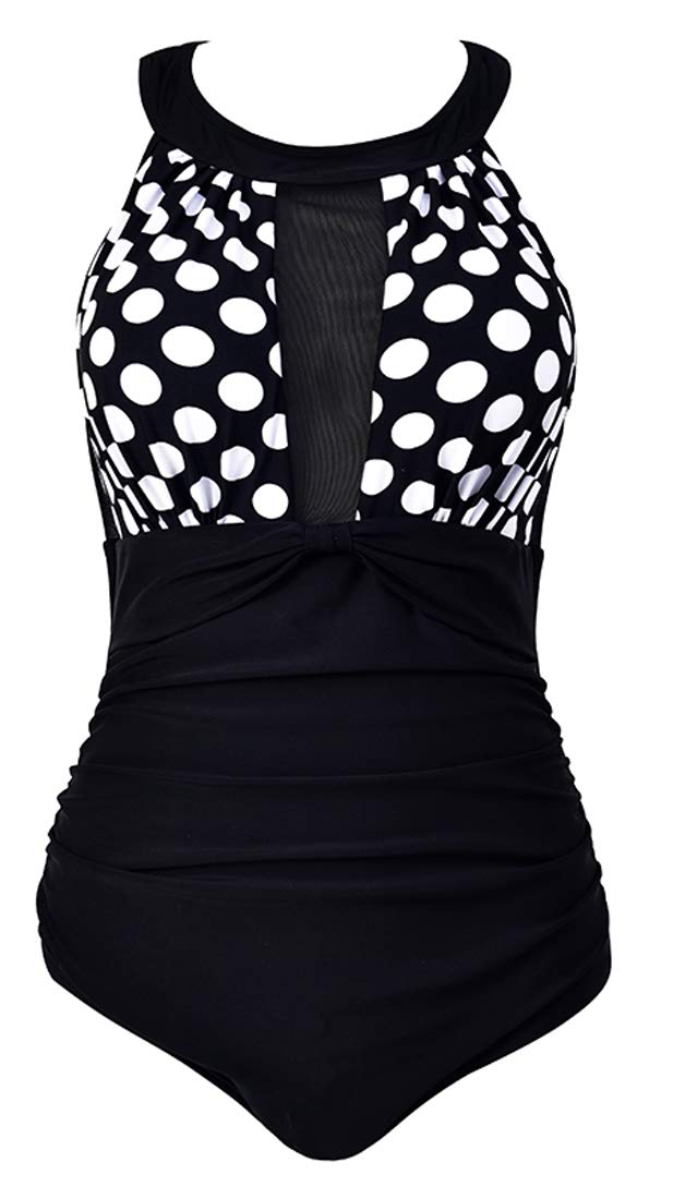 Viloree Women's Swimsuit One Piece Monokinis Swimming Costume Swimwear High Neck Mesh Polka Dots 4XL