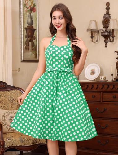Image of 1950s Dresses for Women Vintage Retro Cocktail Party Swing Dresses Halter Floral Rockabilly 50s Polka Dot Pin up Dress