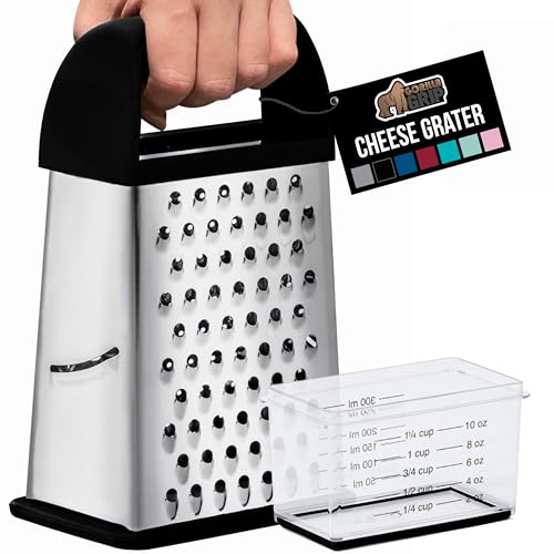 Comparison: Best Box Cheese Grater 7 GORILLA GRIP XL 4-Sided Cheese Grater With Container, 100% BPA-Free Stainless Steel Box Graters, Parmesan Shredder, Grate Cheeses, Shred Veggies, Slip Resistant Handle, Dishwasher Safe Zester, Black