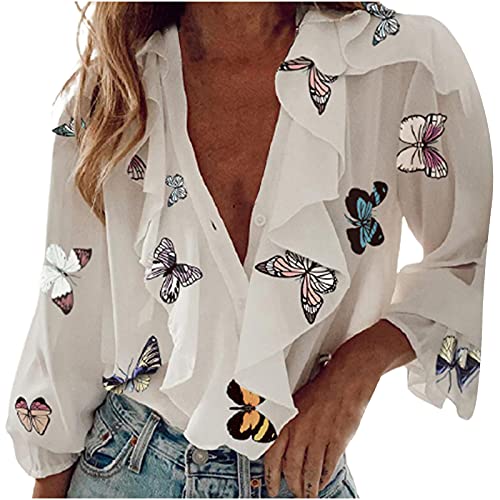 LongayS Long Sleeve Shirt for Women Casual Loose Fit Trendy Boho Blouse Top Summer Daily Floral Ruffle V Neck Chiffon Tunic Tee, Multicolor, Large