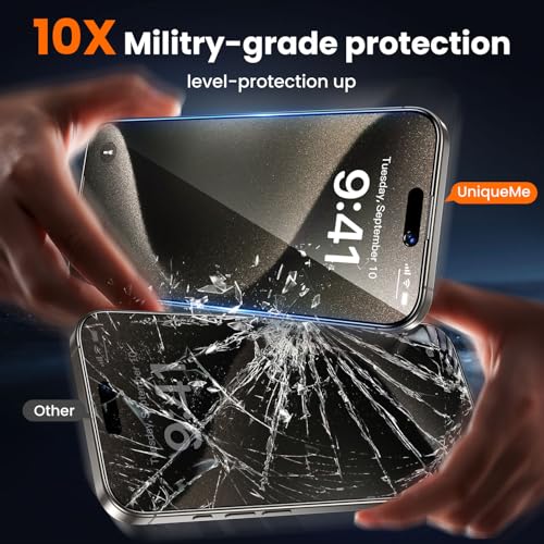 Image of UniqueMe 2 Pack for iPhone 15 Pro Max Privacy Screen Protector - 6.7 inch [Military Grade Shatterproof & 9H+ Hardness] Privacy Screen 15 Pro Max Tempered Glass Full Coverage,Easy to install