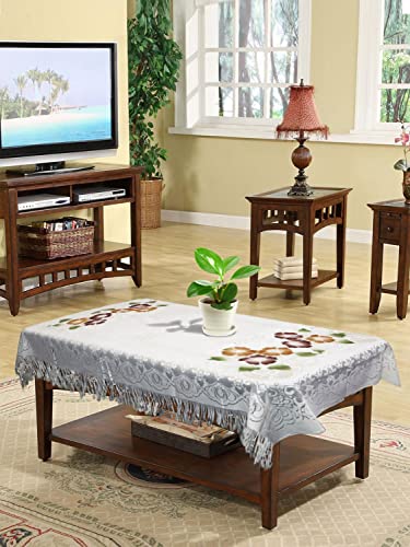 Image of Heart Home Flower Printed Cotton 4 Seater Center Table Cover with Jhalar Border, 40 inchx60 inch (White)-44HH0117