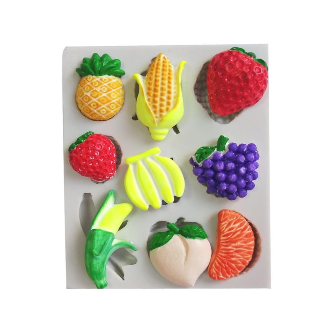 9 Slot Fruit Silicone Mould Strawberry Pineapple Grapes Banana Peach Corn Orange Shape Fondant Mold Baking Chocolate Candy Cake Decoration Cupcake Topper SugarCraft Gum Paste Gummy Jelly Clay-image-7