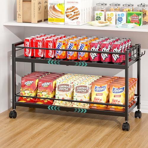 2-Tier Expandable Rolling Pantry Cart with Wheels Adjustable Floor Organizer for Kitchen Pantry Can Organizer for Pantry Storage Cart for Snack Food Vegetables Black Patent Pending