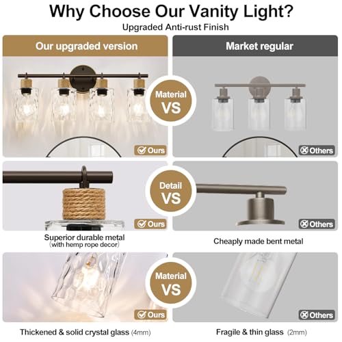 Image of MOKATNG Bathroom Light Fixtures, 4-Light Coastal Vanity Lights with Crystal Glass Shade, Oil-Rubbed Bronze Bathroom Wall Lamp for Mirror Kitchen Hallway Cabinet