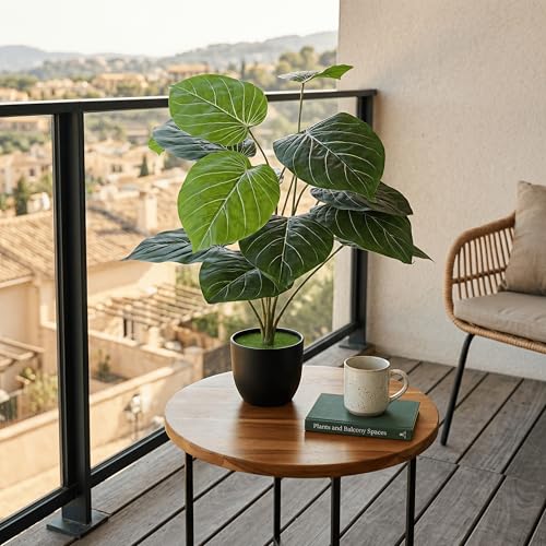 Image of Dekorly Plastic Artificial Palm Plants Leaves Faux Turtle Leaf Fake Monstera Tropical Large Palm Tree Leaves Outdoor Leaf Decorations | 26Inch Plants with Blackpot (Alocasia(White Lines Leaves))