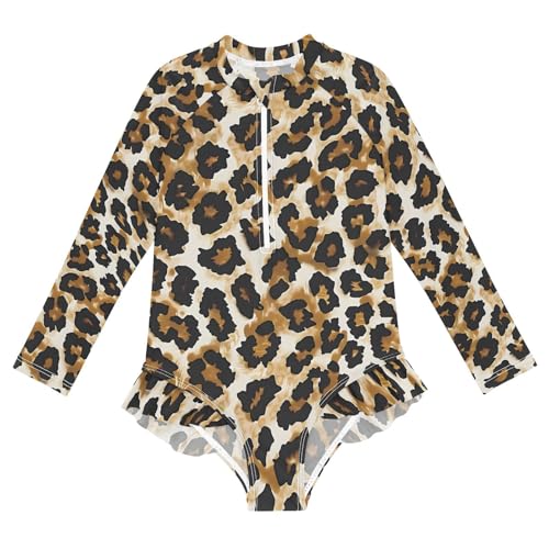 Leopard Swimwear for Girls Long Sleeve Bathing Suit UPF 50+ Rash Guard Toddler One Piece Swimsuit