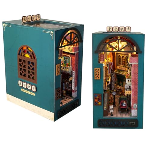 DIY Book Nook Kit with LED Light,3D Wooden Book Stand Puzzle,DIY Miniature House Kit Book Nook Model Building Kit,Wooden Dollhouse Ideal Gift for Adults