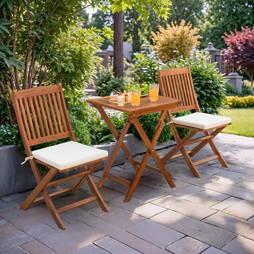 Image of Greesum 3 Piece Patio Folding Furniture Bistro Set with 2 Cushions for Pool Beach Backyard Balcony Porch Deck Garden, Acacia Wood