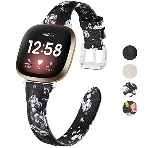Tensea Leather Band Replacement Compatible for Fitbit Versa 3 / Fitbit Sense Band, Women Men Soft Leather Slim Strap Compatible with Fitbit Versa3 / Sense (Gray Flower)