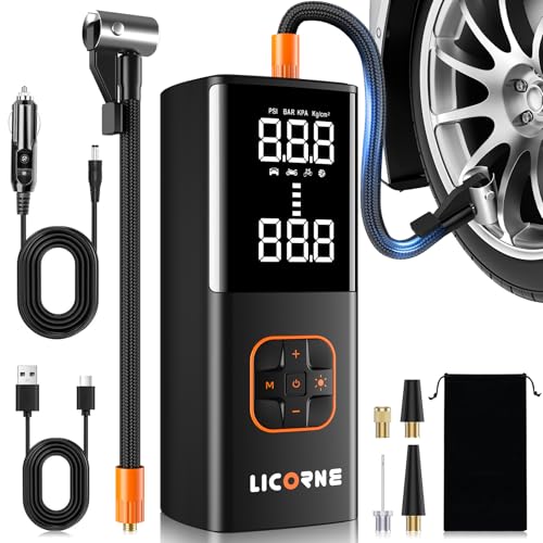Image of LICORNE Tire Inflator Portable Air Compressor, 180PSI Cordless Digital | 5X faster, 7800mAh battery, digital gauge, auto shut-off, 4 modes for car /bike /motorcycle /ball, USB-C power bank, LED light