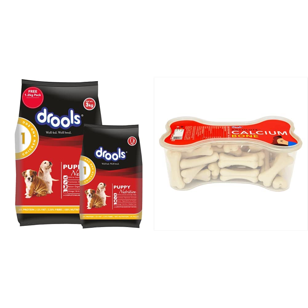 Drools Chicken and Egg Puppy Dog Food, 3 kg with Free 1.2 kg and Absolute Calcium Bone Jar, Dog Supplement - 40 Pieces (600gm) (B08GMWRC8C) Amazon Price History, Amazon Price Tracker