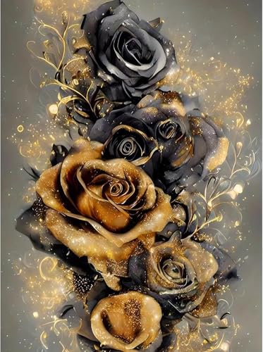 Diamond Art Kits for Adults Diamond Art Flowers: Black Gold Rose Round Drill Painting - 5D Full Drill 12x16 Beginner DIY Elegant Wall Art Gift +30% Bonus Diamonds!
