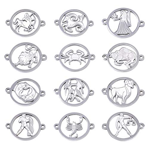 UNICRAFTALE 12 pièces Signe du Zodiaque Creux en Acier Inoxydable Breloques de Liaison Plat Rond avec Constellations Liens Connecteurs pour la Fabrication de Bijoux, 1.4mm Trou, Couleur Inoxydable