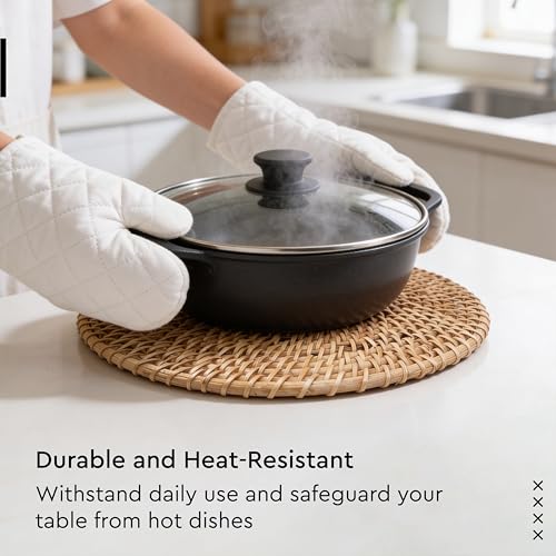 Image of Encasa XO Dining Round Table Mats Set of 2 | Rattan Placemat - 30 cm Diameter | Natural Cane Handmade Woven | Boho Farmhouse Wicker Chargers for Dinner Plates