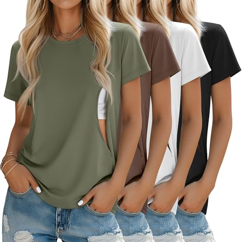 Image of Oakgarden 4 Pack Women's Nursing Breastfeeding Shirts with Zipper Loose Fit Short Sleeve Maternity Top Nursing Clothes