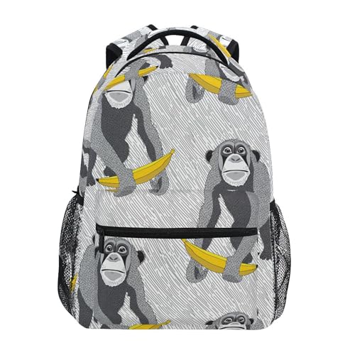 Fisyme Grey Monkey Banana Laptop Backpack Bag Bookbag Casual Hiking Travel Computer Notebooks Daypacks