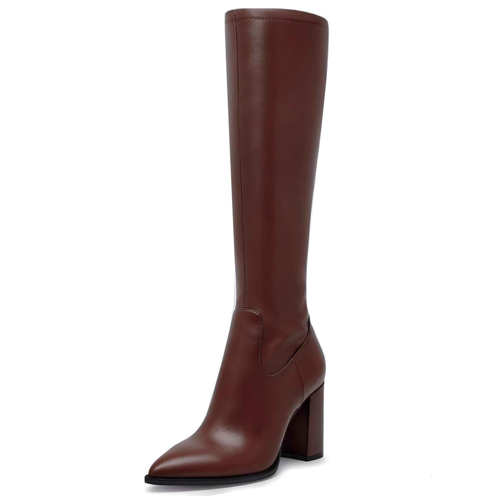 ZJGZF Women's Knee High Boots Leather Tall Boots for Women Chunky Block Heeled Boot Pointed Toe Side Zipper Dress Gogo Boot