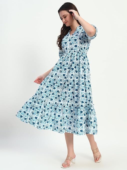 Image of PIDAVLIYA'S Women's Floral Summer Maxi Dress I Cotton Printed I One Piece Bodycon Midi Dress with V-Neck, Puffed Sleeves