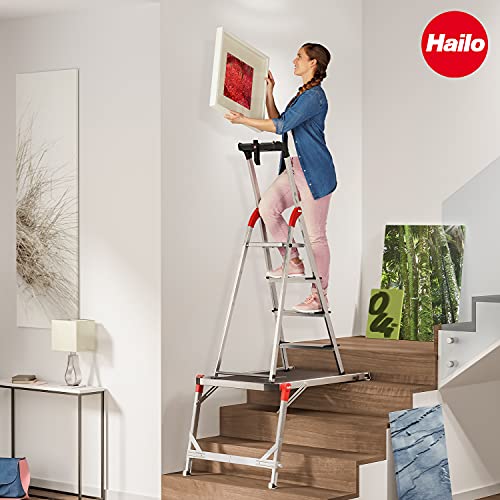 Hailo TP1 Treppenpodest - Arbeitsplattform aus Rutschfester Siebdruckplatte mit Tragegriff und integrierter Libelle - Füße mit Soft-Grip-Sohle belastbar 150 kg - flexibel verstellbar - Silber