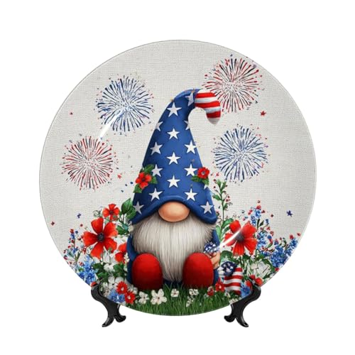 YZILDP 4th of July Ceramic Plate with Stand,10 in,American Flag Gnome Floral Decorative Plates for Wall Hanging Ceramic Craft for Kitchen Cabinets Dining Room Holiday Home Decor,Roud