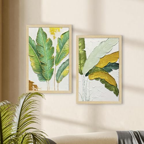 Image of ArtX Paper Leaf Paintings For Living Room, Bedroom, Multicolor, Natural Wood Color Frames, 12.0 x 18.0 inch, Set of 2