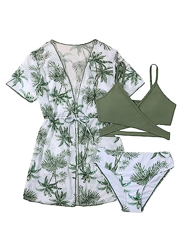 COZYEASE Girls' 3 Piece Swimsuits Tropical Spaghetti Strap Criss Bikini Bathing Suit with Cover Up