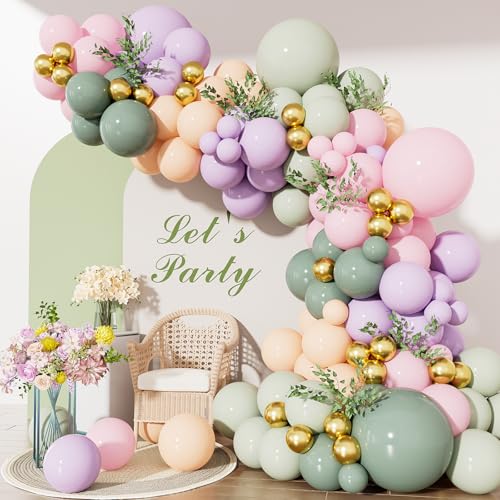 Fairy Balloon Arch Kit – 159PCS Pastel Pink Purple Dusty Blue Green Orange and Gold Balloons, for Fairtale Birthday, Baby Shower, Spring Garden Tea Party, Wonderland Party Decor