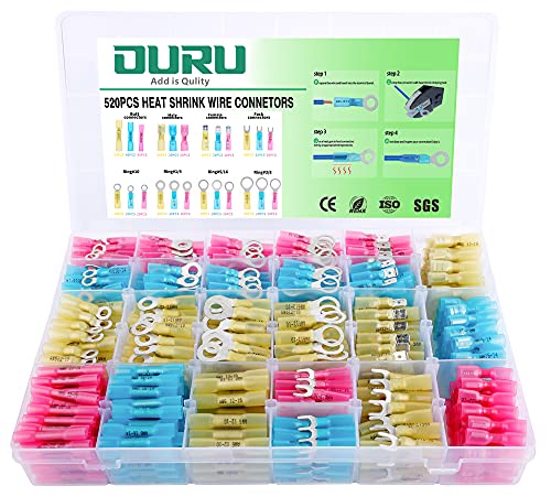 520PCS Warmth Shrink Wire Connectors,OURU Marine Grade Warmth Shrink Butt Connectors,AWG 22-10 Electrical Wire Connectors,Waterproof Insulated Ring Fork Spade Butt Splices(3Colors/8Types)