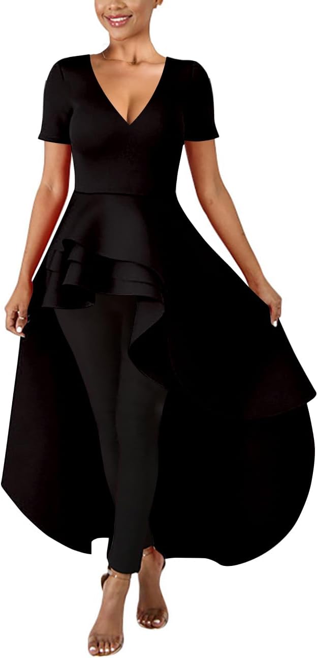 Lrady Womens V Neck Short Sleeve High Low Cocktail Party Dresses Peplum Tunic Tops Shirt Dress - Image 5