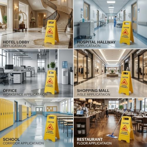 Image of Cleaning in Progress Caution Sign Board - Foldable ABS Plastic Safety Warning Stand for Floor Cleaning Areas, Indoor & Outdoor Use
