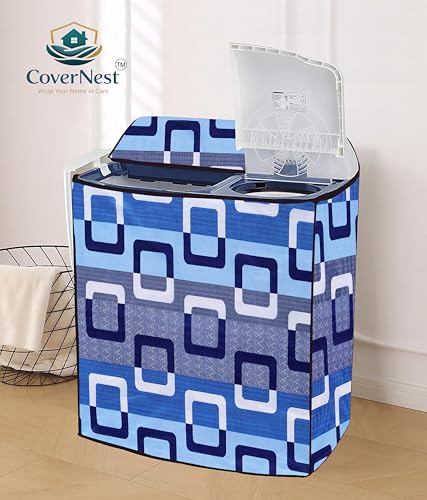 Image of Covernest Semi Automatic Washing Machine Cover, Dustproof, Compatible with 6 Kg - 7.5 Kg Washing Machines (WMC-BLUE SQUARE SEMI)