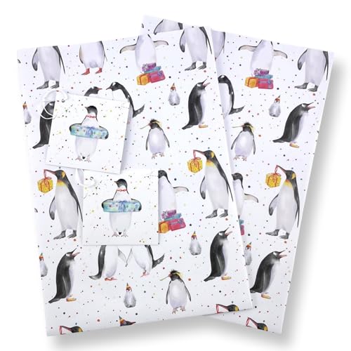 Penguins Party Recycled and Recyclable Gift wrapping paper - 2 sheets and 2 penguin gift tags - Birthdays - Christmas - Arts and Crafts Projects