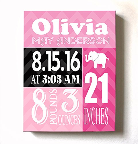 Personalized Stretched Canvas Birth Announcement Gift, Custom Baby Name, Date, Weight Stats, Newborn Elephant Nursery Wall Art Decor, Wooden Frame Construction, Ready to Hang 20X24