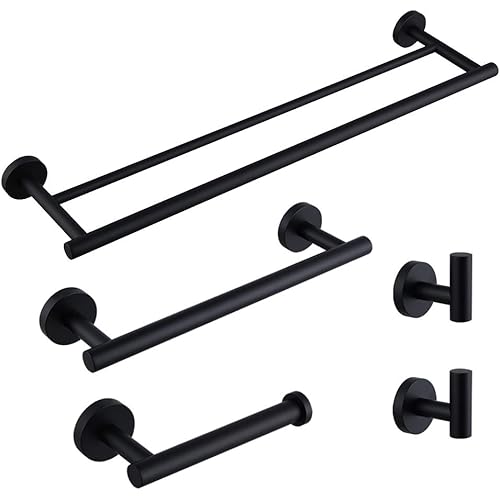 Matte Black Bathroom Accessories Kit 5-Pieces Bathroom Hardware Set Wall Mounted - Includes 24" Double Towel Bar, 12" Hand Towel Bar, Toilet Paper Holder, 2X Robe Towel Hooks …