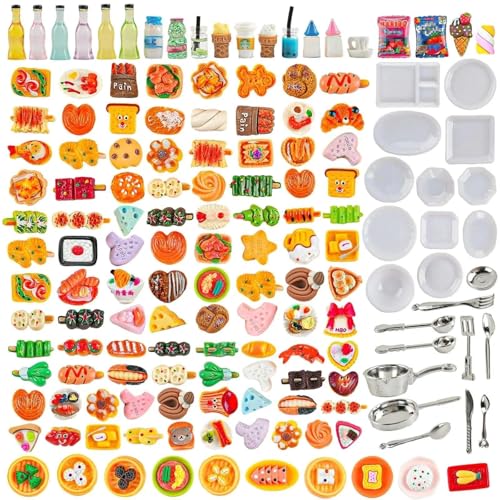 HKLMRO 150Pcs Miniature Food Drink Bottles Adults Dollhouse Soda Pop Cans Pretend Play Kitchen Cooking Game Party Accessories Toys Hamburger Cake Ice Cream Pizza Bread Tableware Doll House Landscape