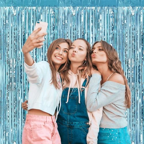 Image of 4 Pack Light Blue Foil Fringe Curtain Backdrop, 3.28Ft x 8.2Ft Metallic Tinsel Foil Fringe Streamer Curtains for Photo Booth Props, Birthday, Wedding, Christmas Decoration Party Supplies New