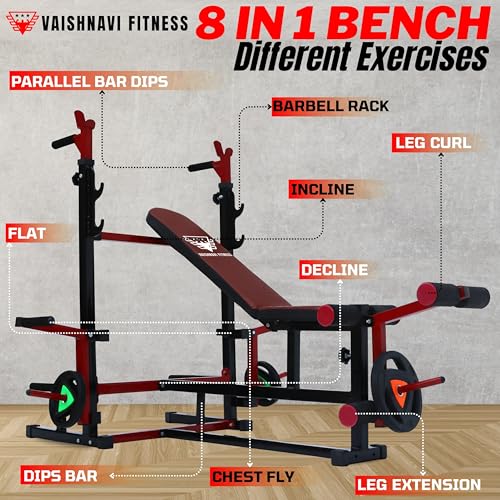 Image of 8-in-1 Heavy-Duty Adjustable Gym Bench for Home Workout | Foldable Flat, Incline & Decline Bench Press with Leg Curl, Leg Extension & Barbell Rack | Strength Training Equipment