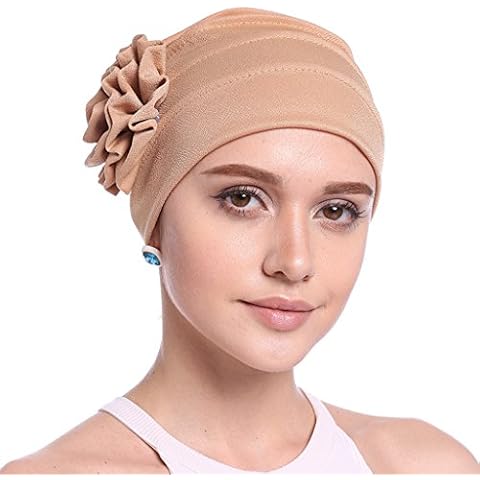 Upsmile Women Chemo Cap, Soft Sleep Turban Headwear Hat with Elegant Strench Side Flower Pleated Skull Caps for Cancer Patients Apricot Cover