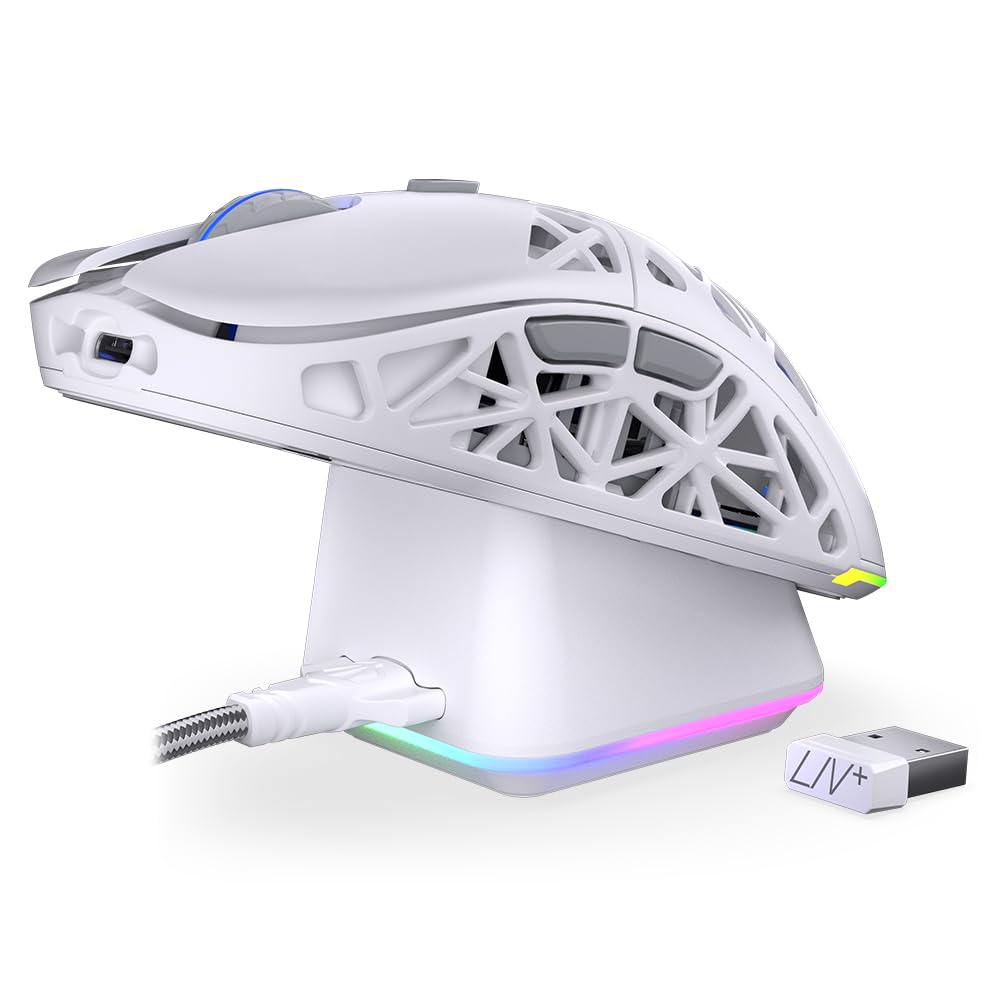 ENDORFY Liv Plus Wireless Onyx White - Ratón inalámbrico para Juegos, Color Blanco, estación de Carga en Set, diseño Ultraligero (69 g), máximo 26.000 dpi, PixArt PAW3395, 2,4 GHz, BT, USB-A, EY6A017