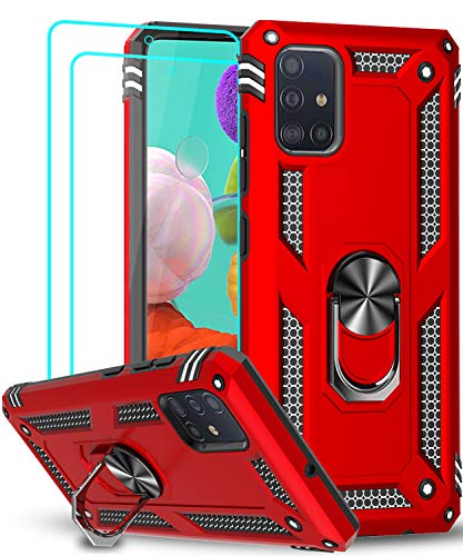 LeYi Samsung Galaxy A51 Case (Not Fit A50) with Tempered Glass Screen Protector [2 Pack], [Military Grade] Defender Protective Phone Case with Car Ring Holder Kickstand for Samsung A51 (Red)
