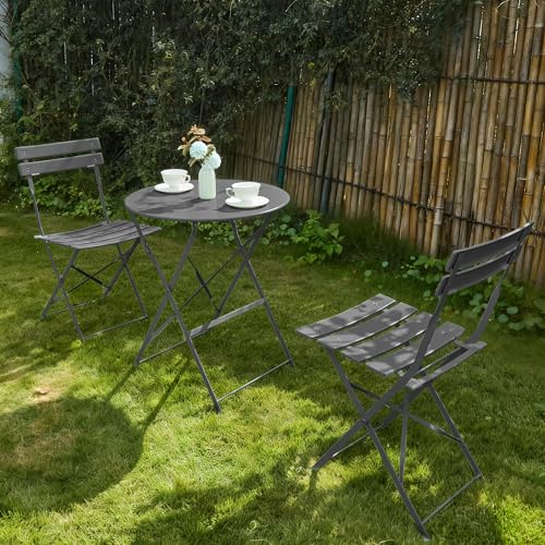 3 Piece Bistro Set, Folding Patio Furniture Set, Outdoor Table and Chairs Set for Patio, Garden, Balcony and Poolside, Grey