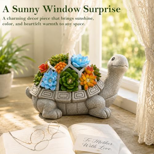 Nacome Solar Garden Outdoor Statues Turtle with Succulent and 7 LED Lights - Lawn Decor Statue for Patio, Balcony, Yard Ornament - Gifts for Mom Grandma Women
