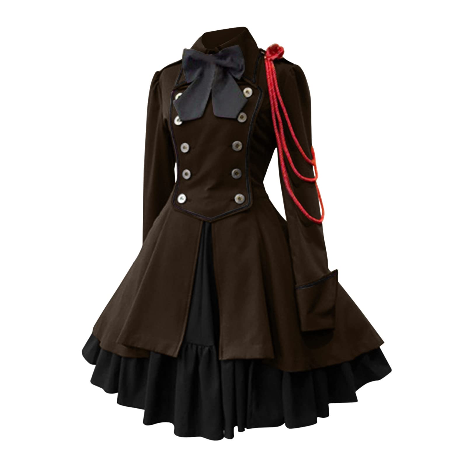 Dresses for Women UK Steampunk Gothic Dress Court Collar Long Sleeve Ruffled Patchwork Long Skirts Medieval Vintage Halloween Party Dresses,Lolita Gothic Vintage Bow Ruffle Steampunk Dress Brown